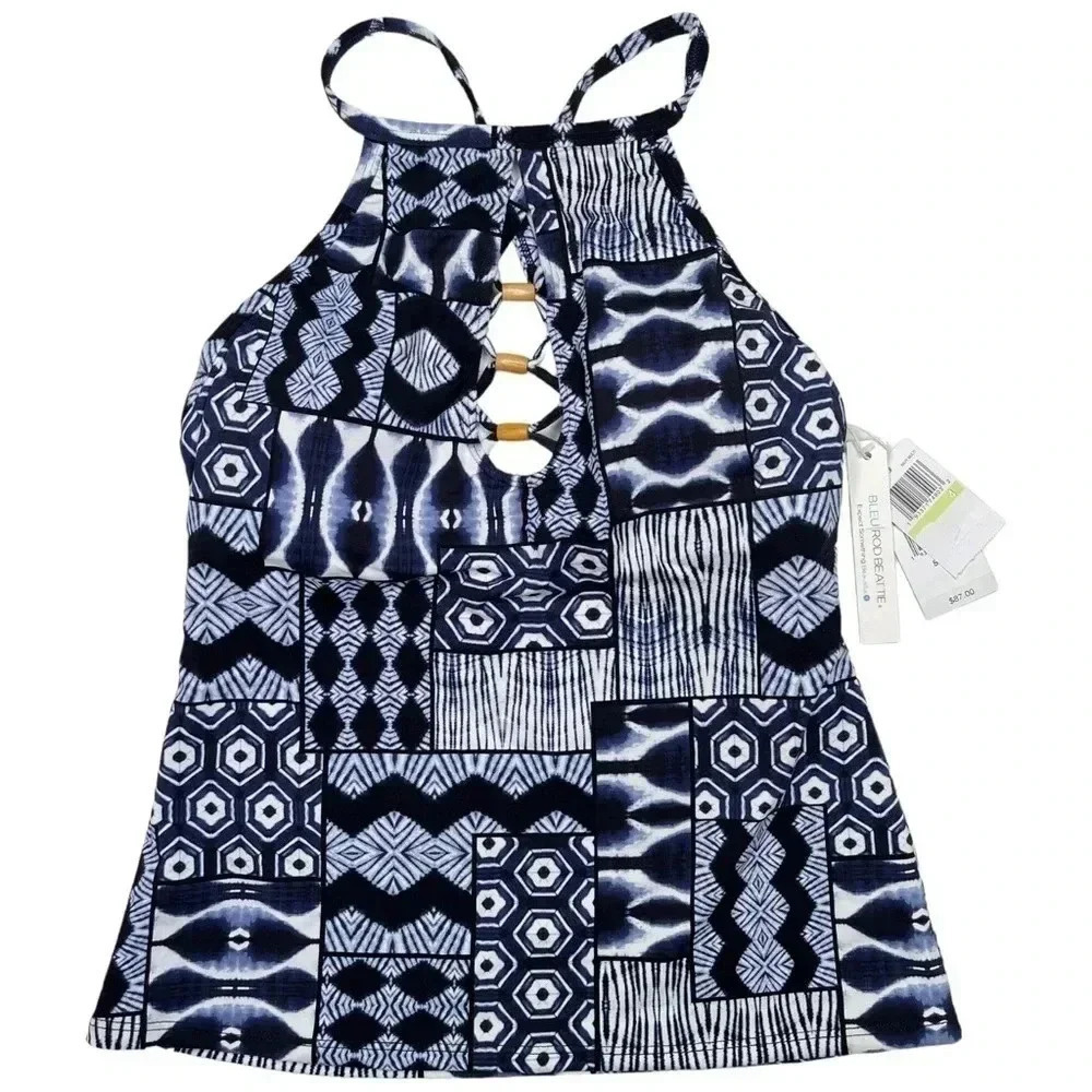 Bleu Rod Beattie Navy High Neck Underwire Womens Lattice Front Tankini Size 4 - Picture 3 of 11